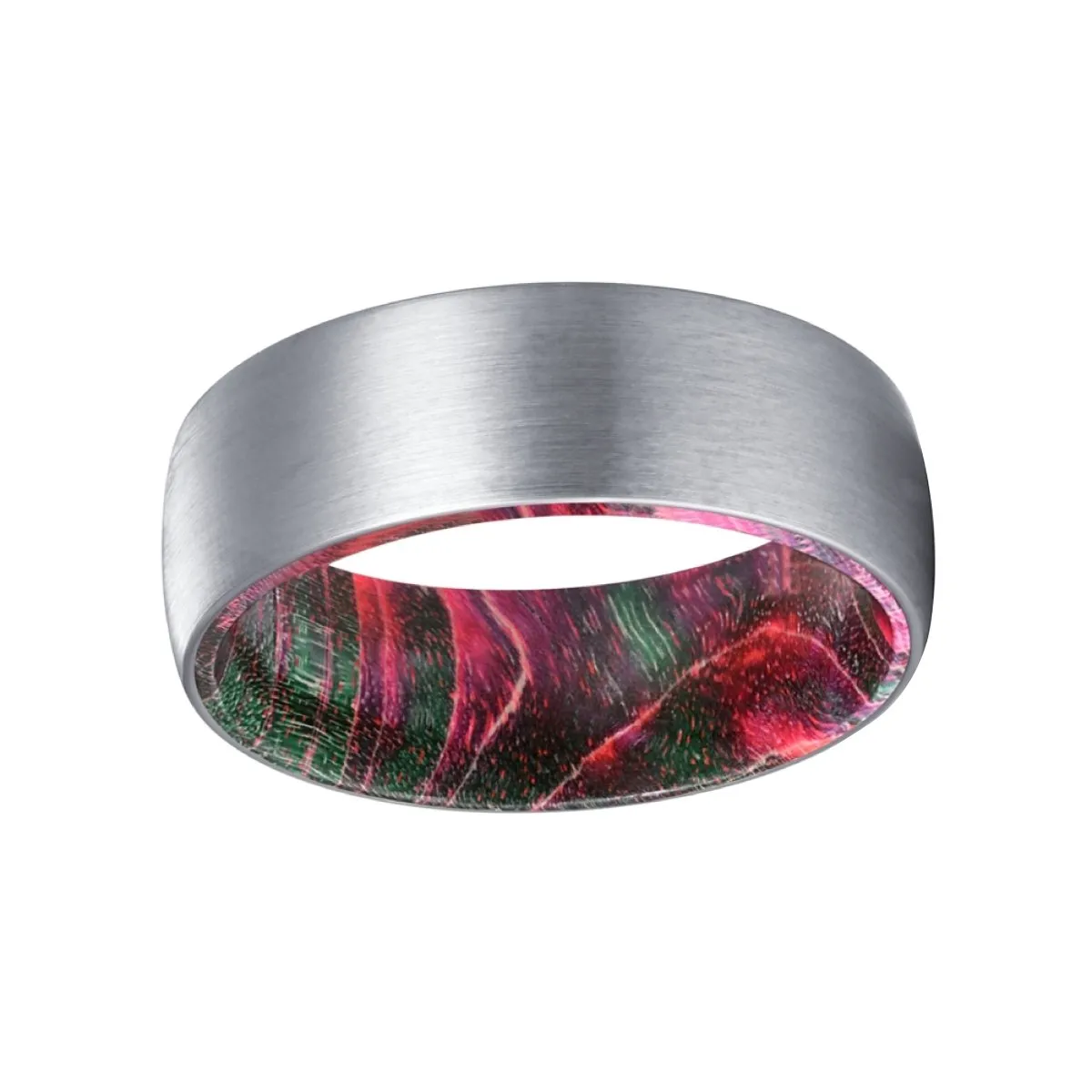 AMSBAUGH | Green and Red Wood, Silver Tungsten Ring, Brushed, Domed