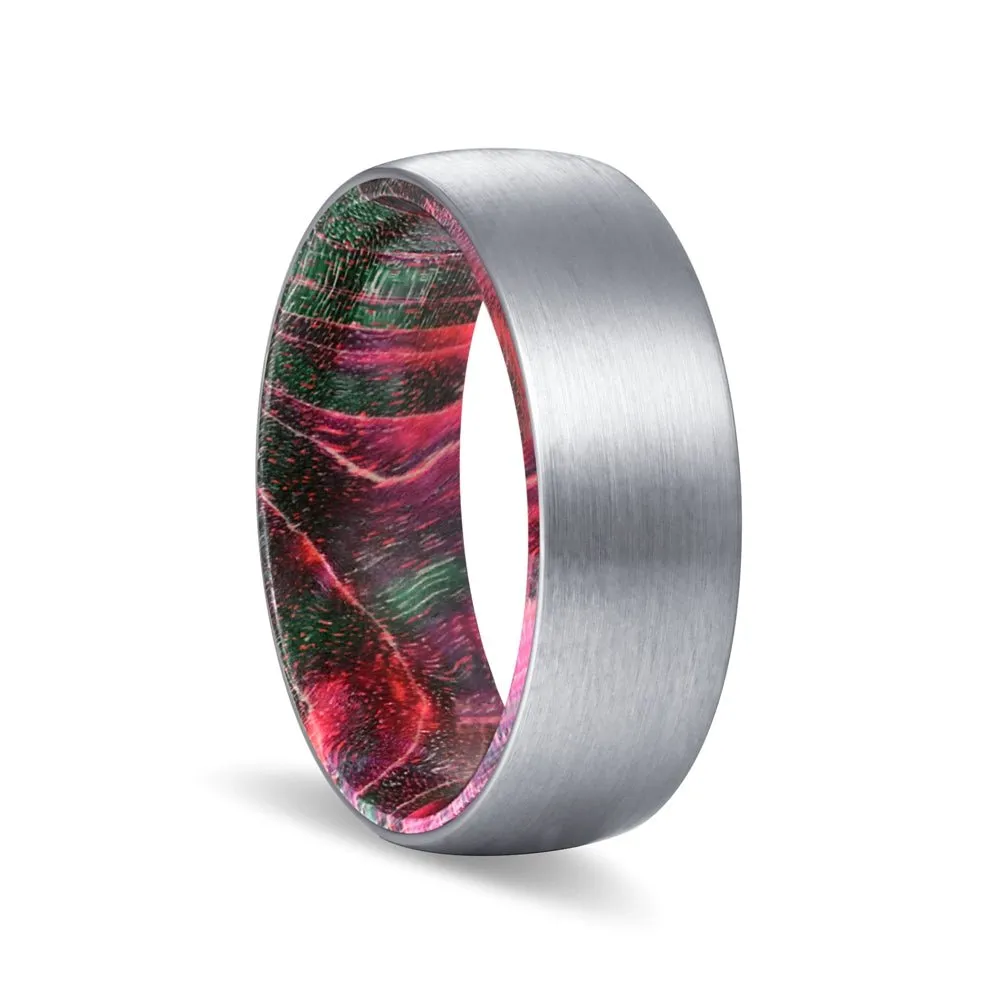 AMSBAUGH | Green and Red Wood, Silver Tungsten Ring, Brushed, Domed