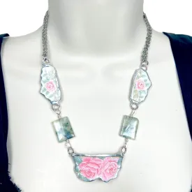 Antique Roses Broken China and Prenhite Stones Necklace