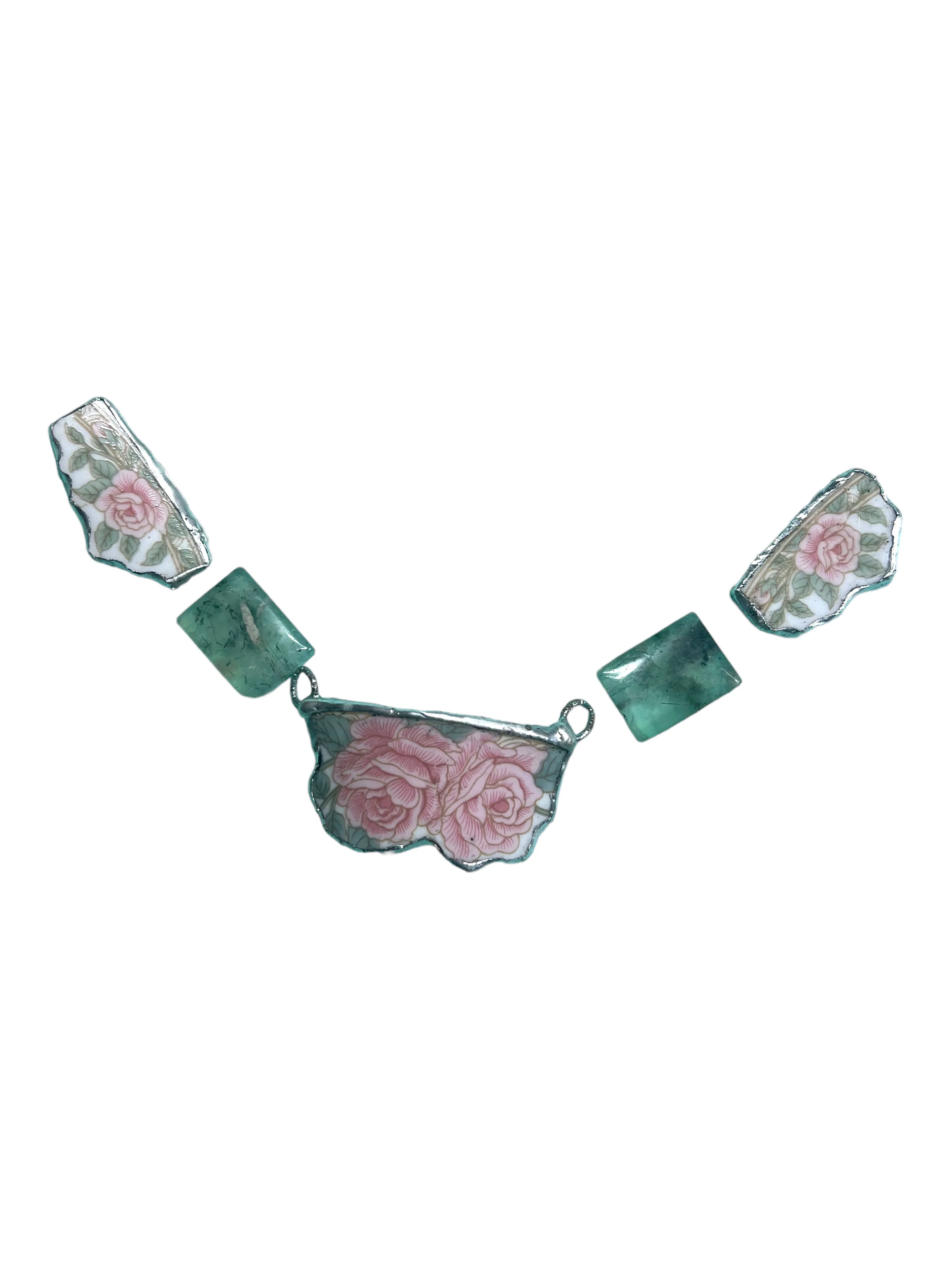 Antique Roses Broken China and Prenhite Stones Necklace