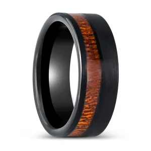 ARCHIE | Black Tungsten Ring, Koa Wood and Inlay, Flat