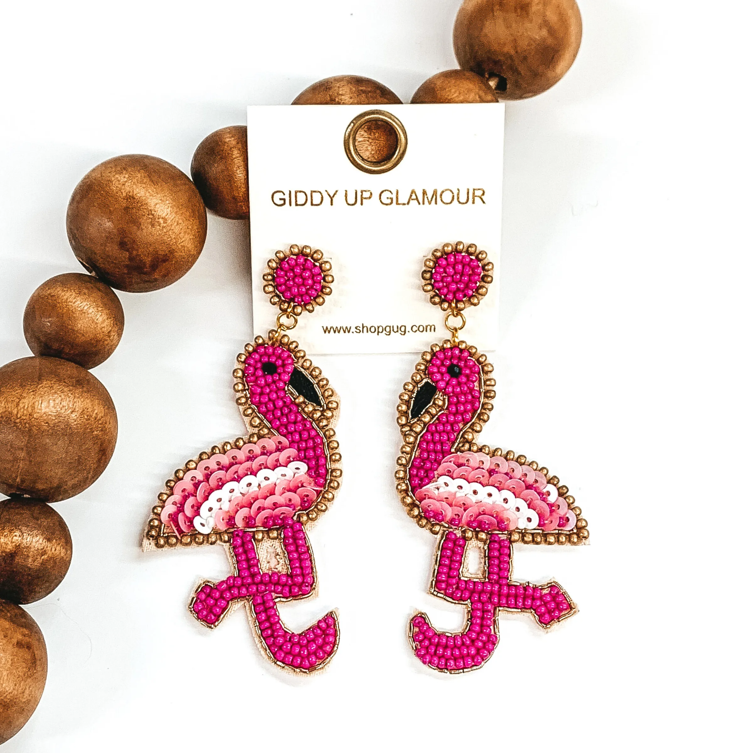 Beaded Flamingo Earrings with Gold Outline in Fuchsia