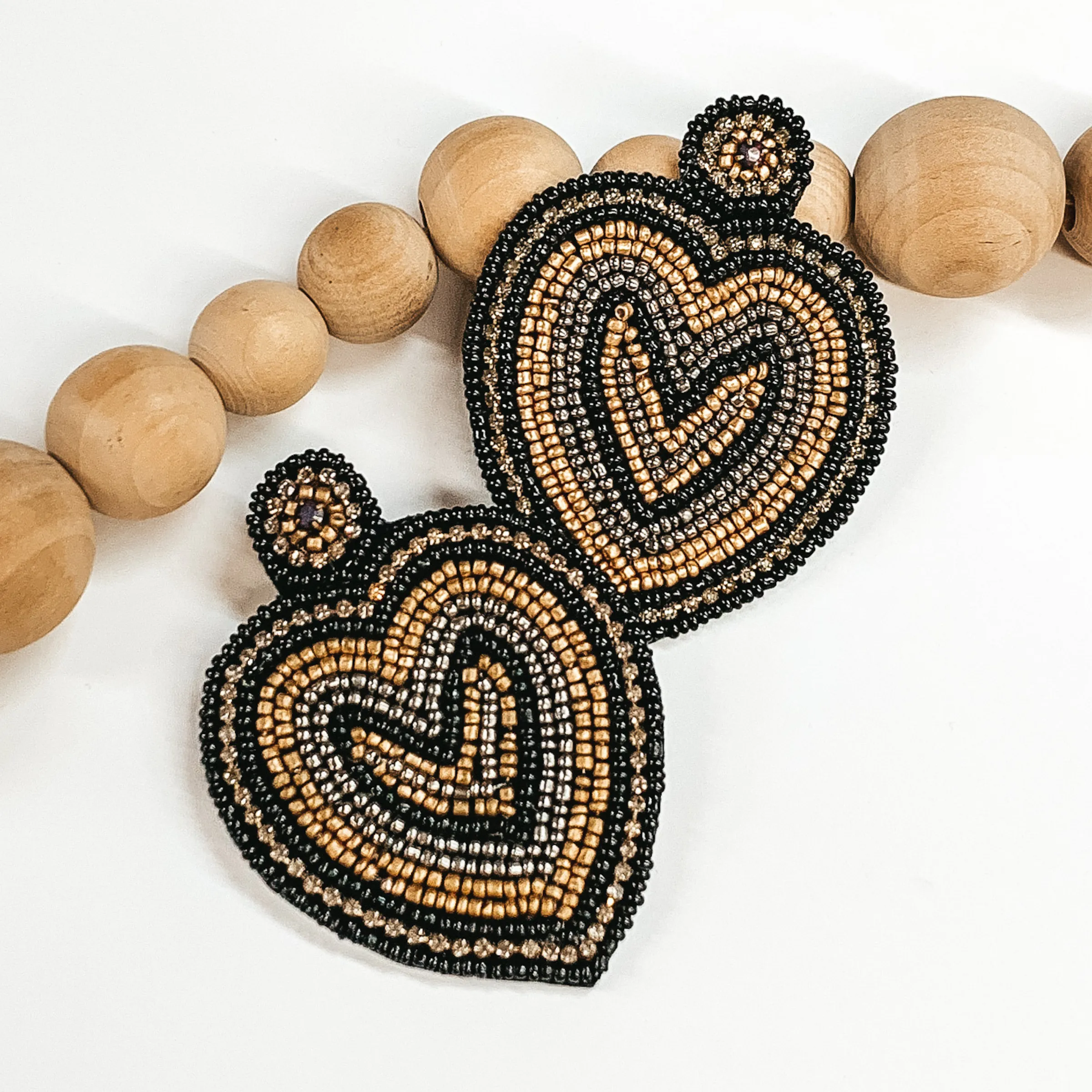 Beaded Heart Post Earrings in Black and Gold