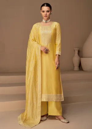 Beautiful Bright Yellow & Gold Embroidered Premium Silk Salwar Suit