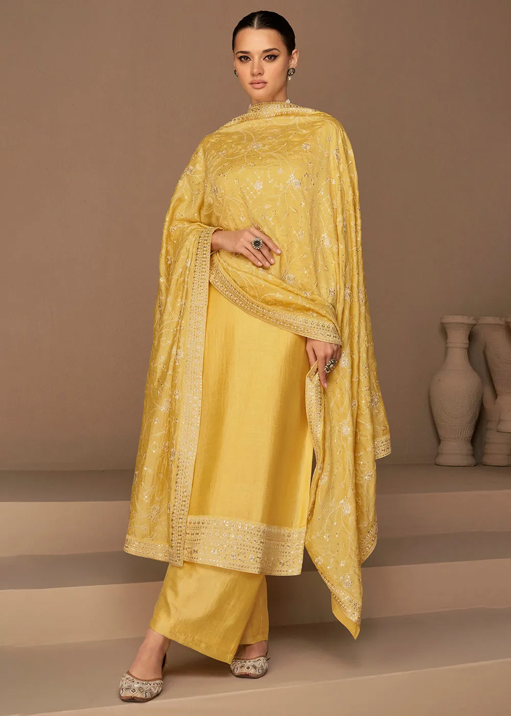 Beautiful Bright Yellow & Gold Embroidered Premium Silk Salwar Suit