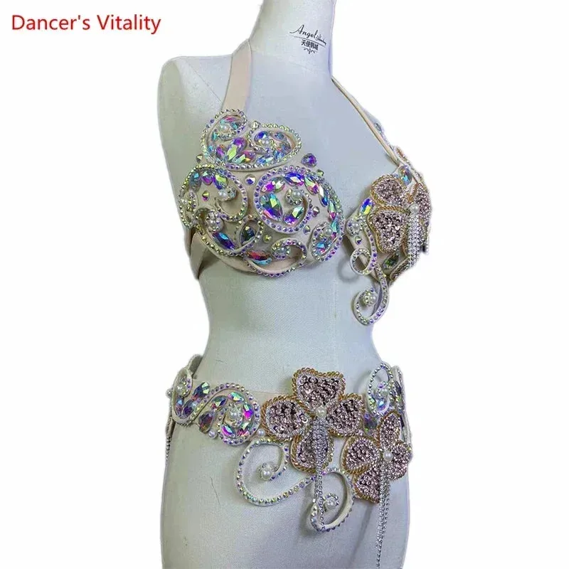 Belly Dance Costume Suit Women Customsized Hand Made Bra belt 2pcs Girl's Oriental Belly Dancing Belt Competitoin Suit