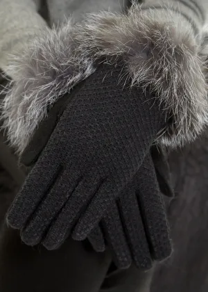 Black Stitching Detailed Gloves With Silver Fox Trim