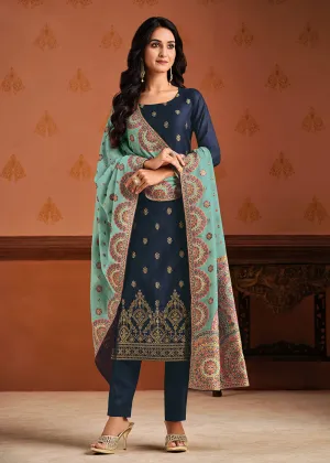 Blue & Aqua Silk Jacquard Sangeet Wear Pant Style Suit