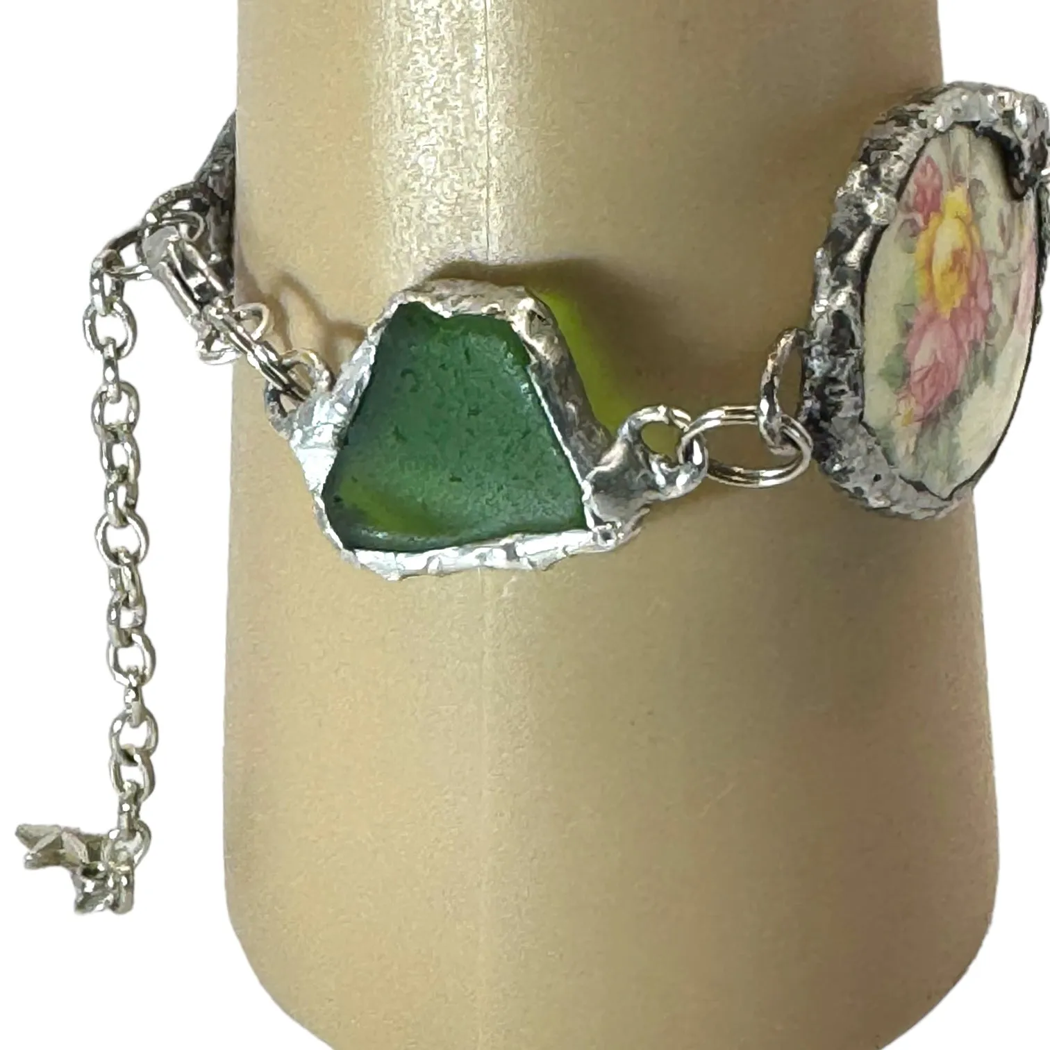 Broken China & Sea Glass Bracelet Artisan Crafted with  Boho Metalwork