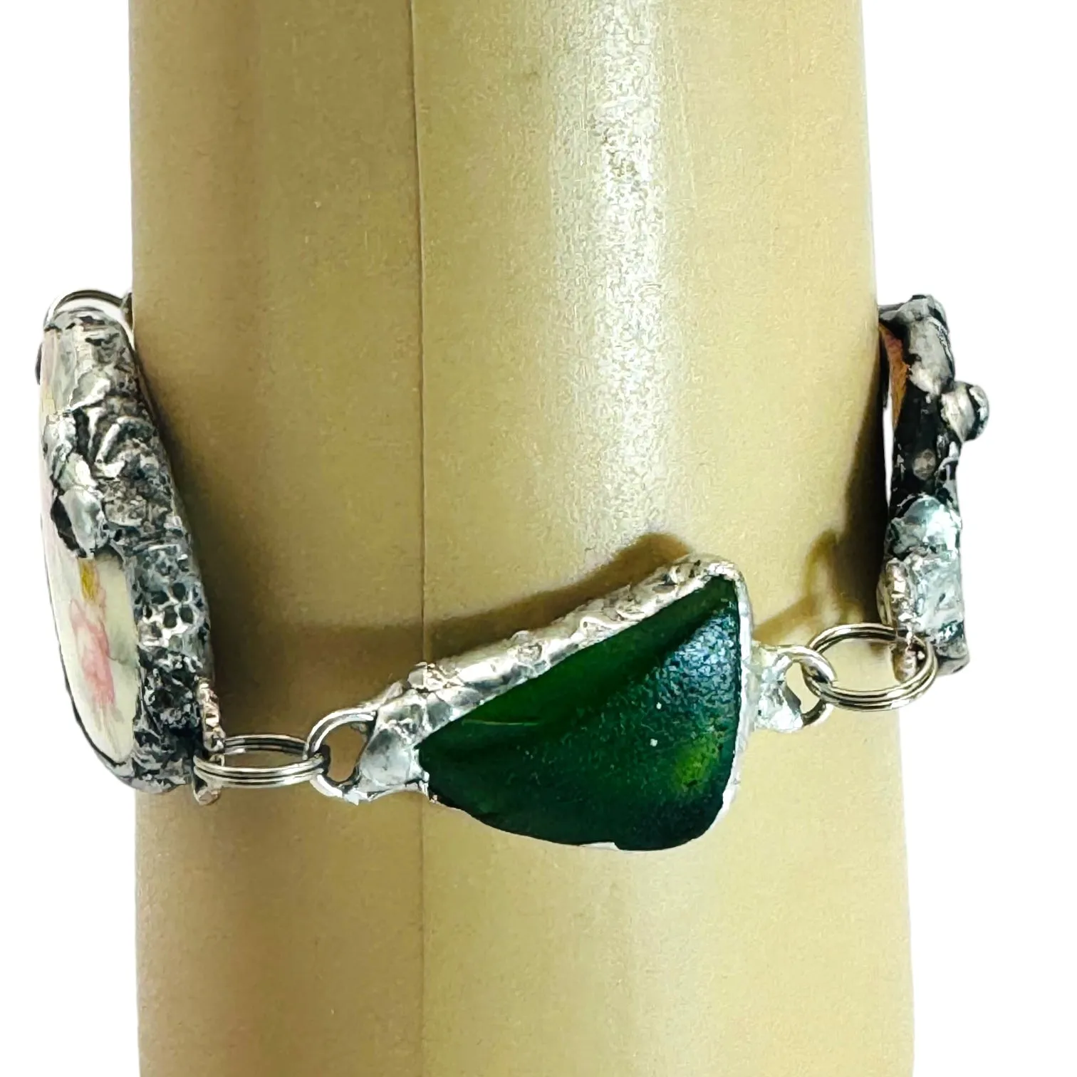 Broken China & Sea Glass Bracelet Artisan Crafted with  Boho Metalwork