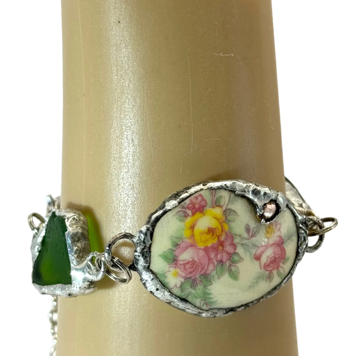 Broken China & Sea Glass Bracelet Artisan Crafted with  Boho Metalwork