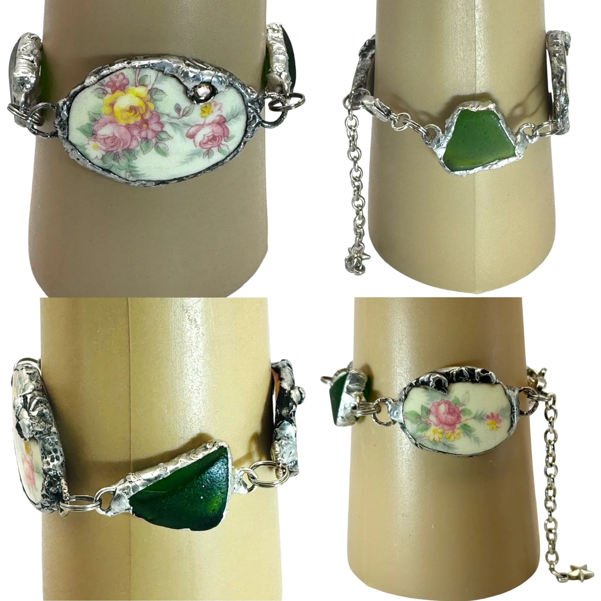 Broken China & Sea Glass Bracelet Artisan Crafted with  Boho Metalwork