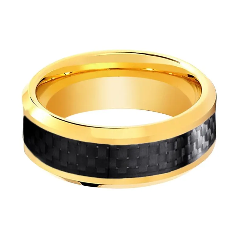 CROSSFIRE | Gold Tungsten Ring, Black Carbon Fiber Inlay, Beveled