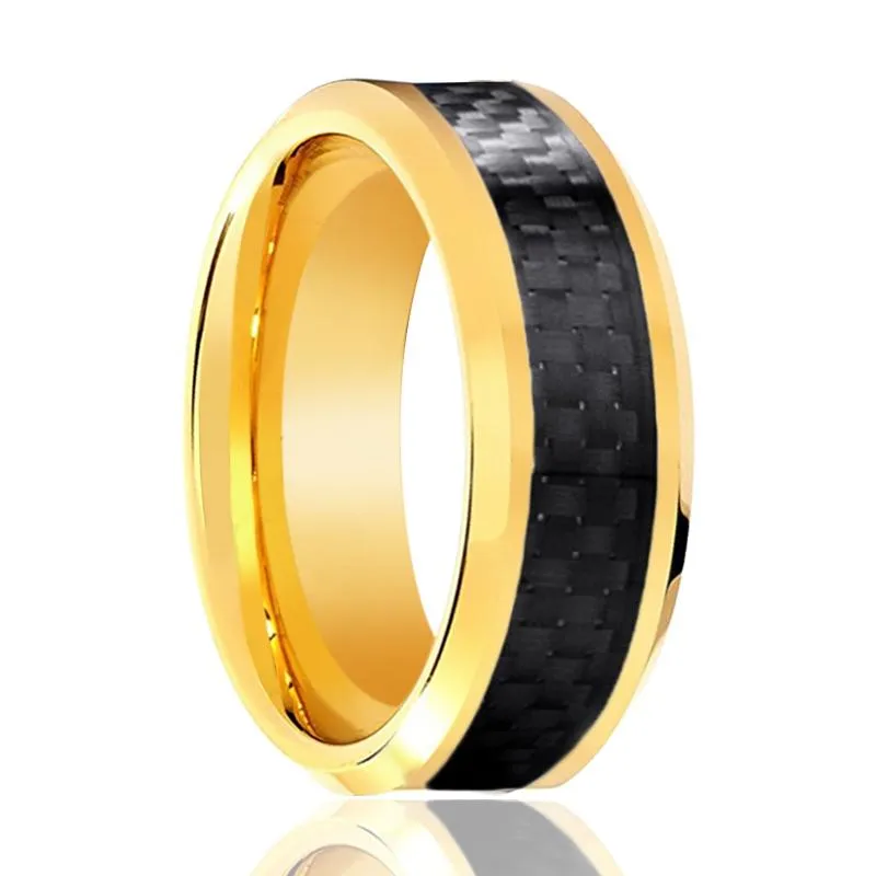 CROSSFIRE | Gold Tungsten Ring, Black Carbon Fiber Inlay, Beveled