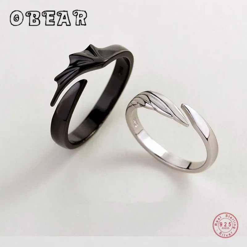 DEANWANGKT Sterling Silver Angel And Devil Couple Rings Wing Feather Opening Rings For Women Men Lovers Party Jewelry