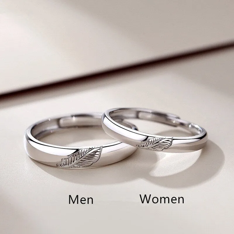 DEANWANGKT Sterling Silver Angel And Devil Couple Rings Wing Feather Opening Rings For Women Men Lovers Party Jewelry