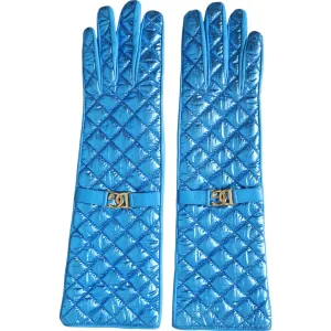 Dolce & Gabbana Blue Leather Quilted Mid Arm Length Gloves