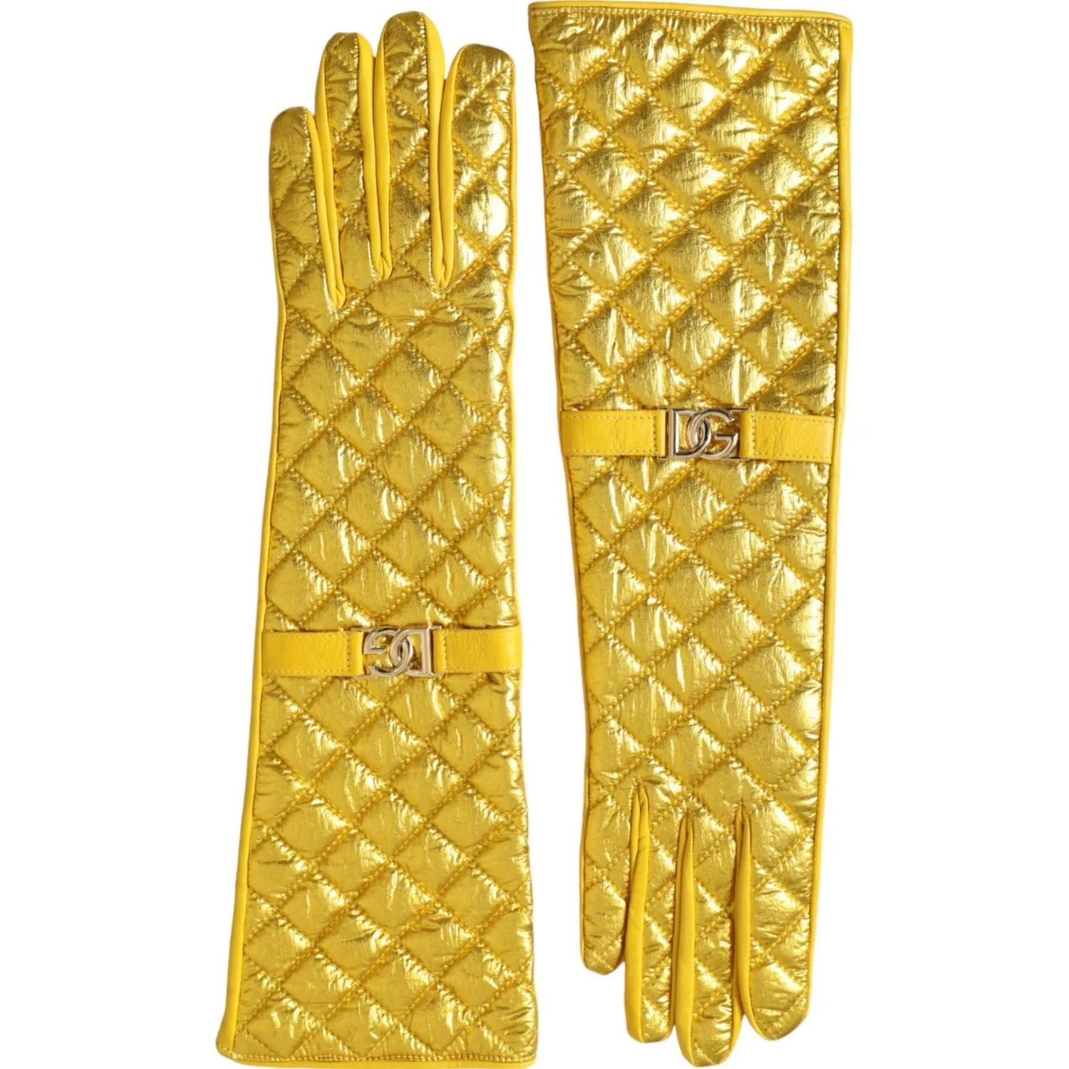 Dolce & Gabbana Gold Leather Quilted Mid Arm Length Gloves