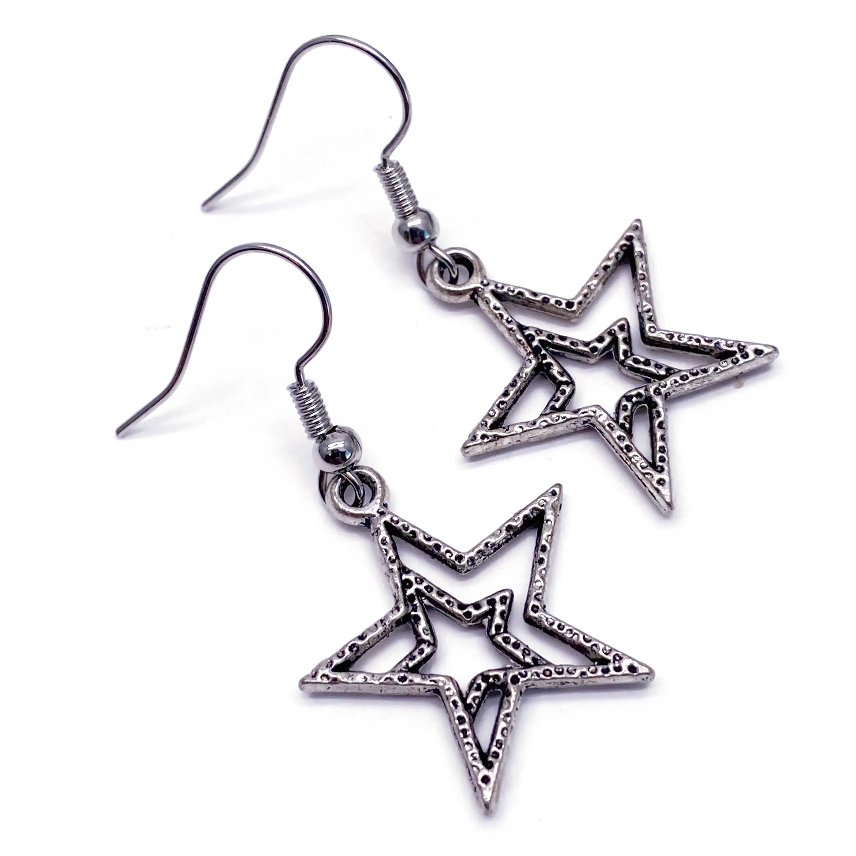 Double Star Silver Plated Charm Earrings