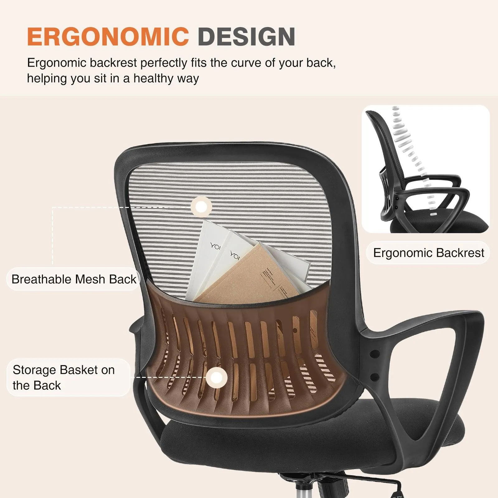 Ergonomic Office Chair with Mesh Back, Fixed Armrests, and Soft Foam Seat Cushion