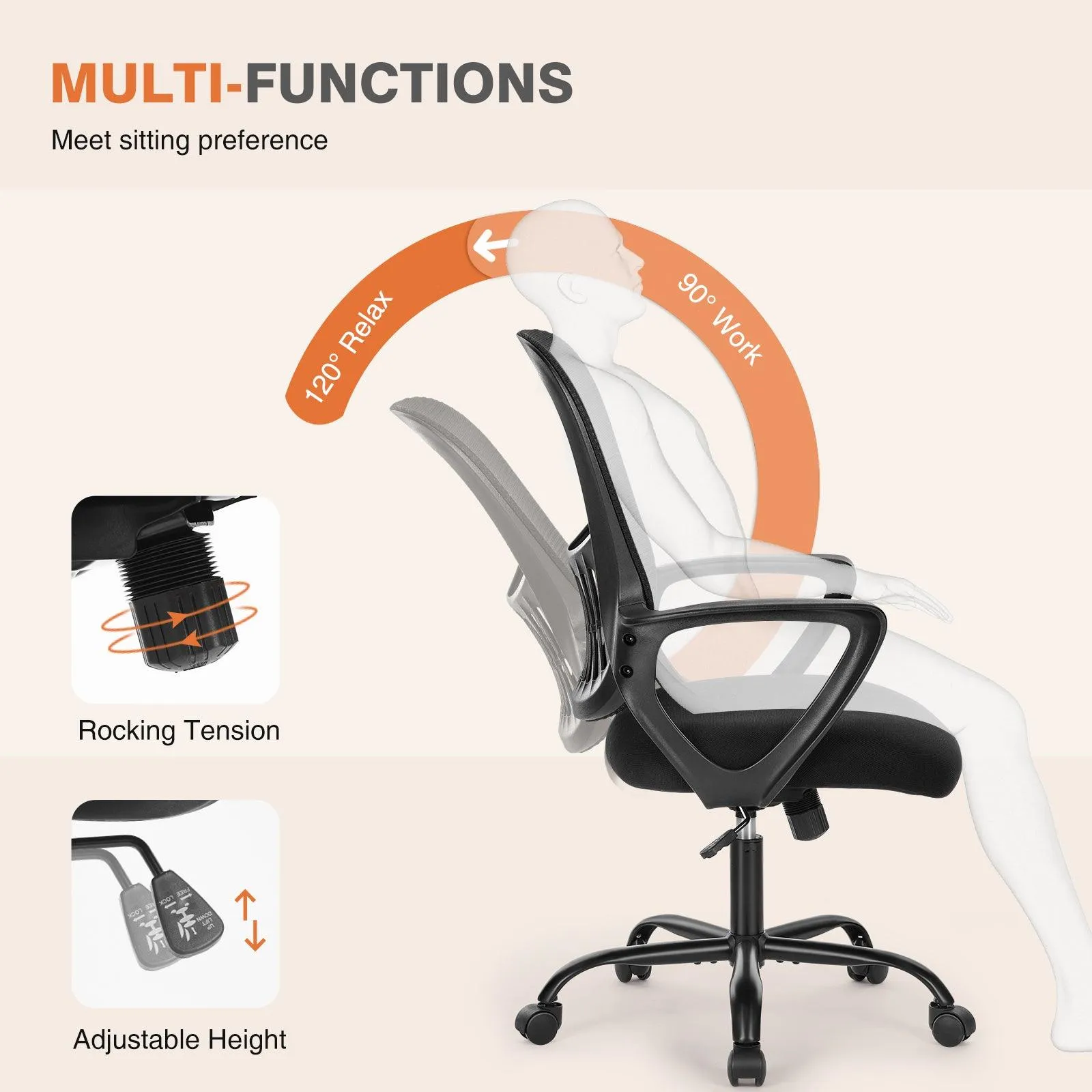 Ergonomic Office Chair with Mesh Back, Fixed Armrests, and Soft Foam Seat Cushion