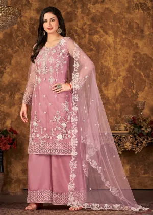 Fabulous Pink Cording Embroidered Net Palazzo Suit