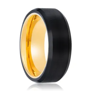 FLEUR | Gold Ring, Black Tungsten Ring, Brushed, Beveled