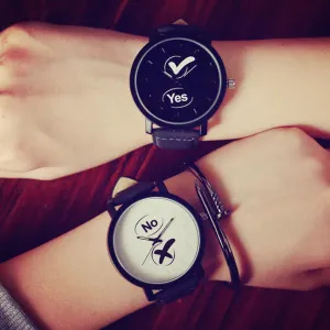 FUNIQUE Black Lovers Couple Watches Women Men PU Leather Simple YES NO Watch Hour Clock Ladies Quartz Wrist Watch Relojes Mujer