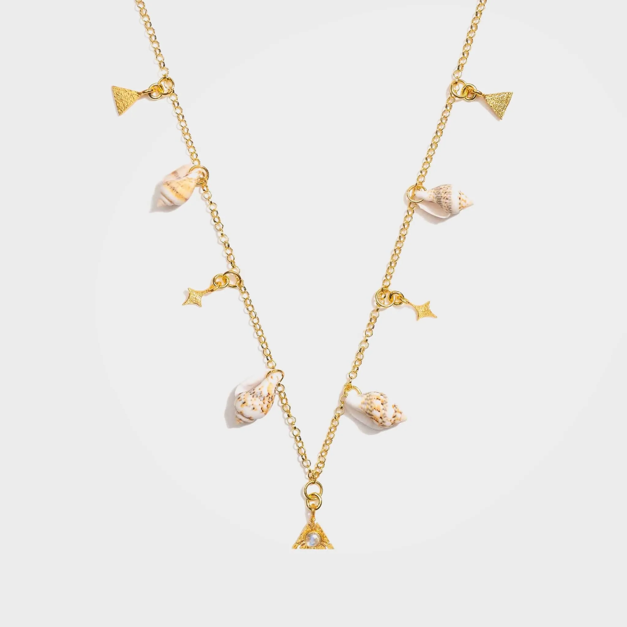 Gold Moonstone Charm Necklace with Tiger Concha Shells - Terra | By Lunar James