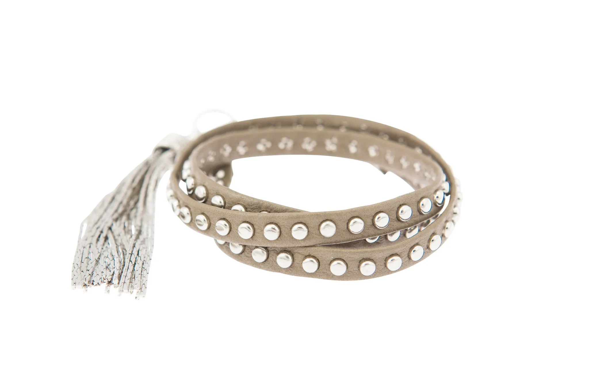 Grey Nailhead Studded Triple Wrap Tassel Bracelet