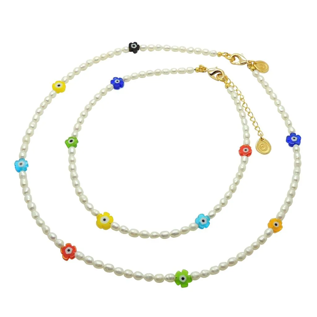 Multicolour Evil Eye Flower Charm Freshwater Pearl Necklace