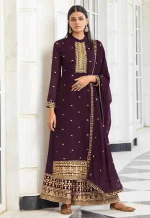 Plum Wine Zari Embroidered Flared Palazzo Suit