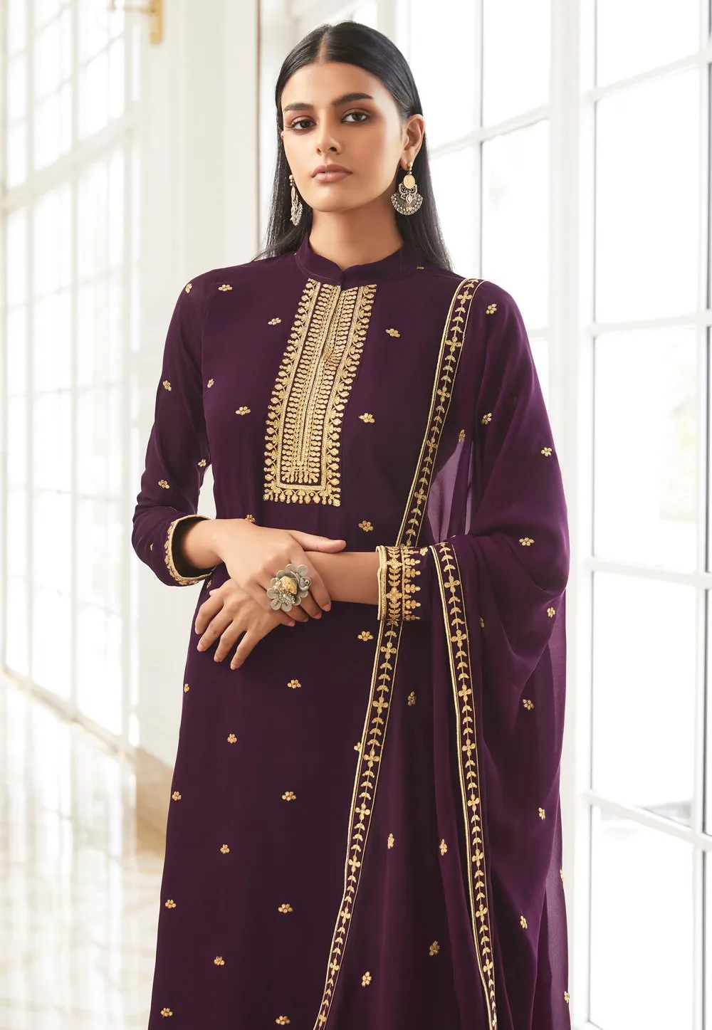 Plum Wine Zari Embroidered Flared Palazzo Suit