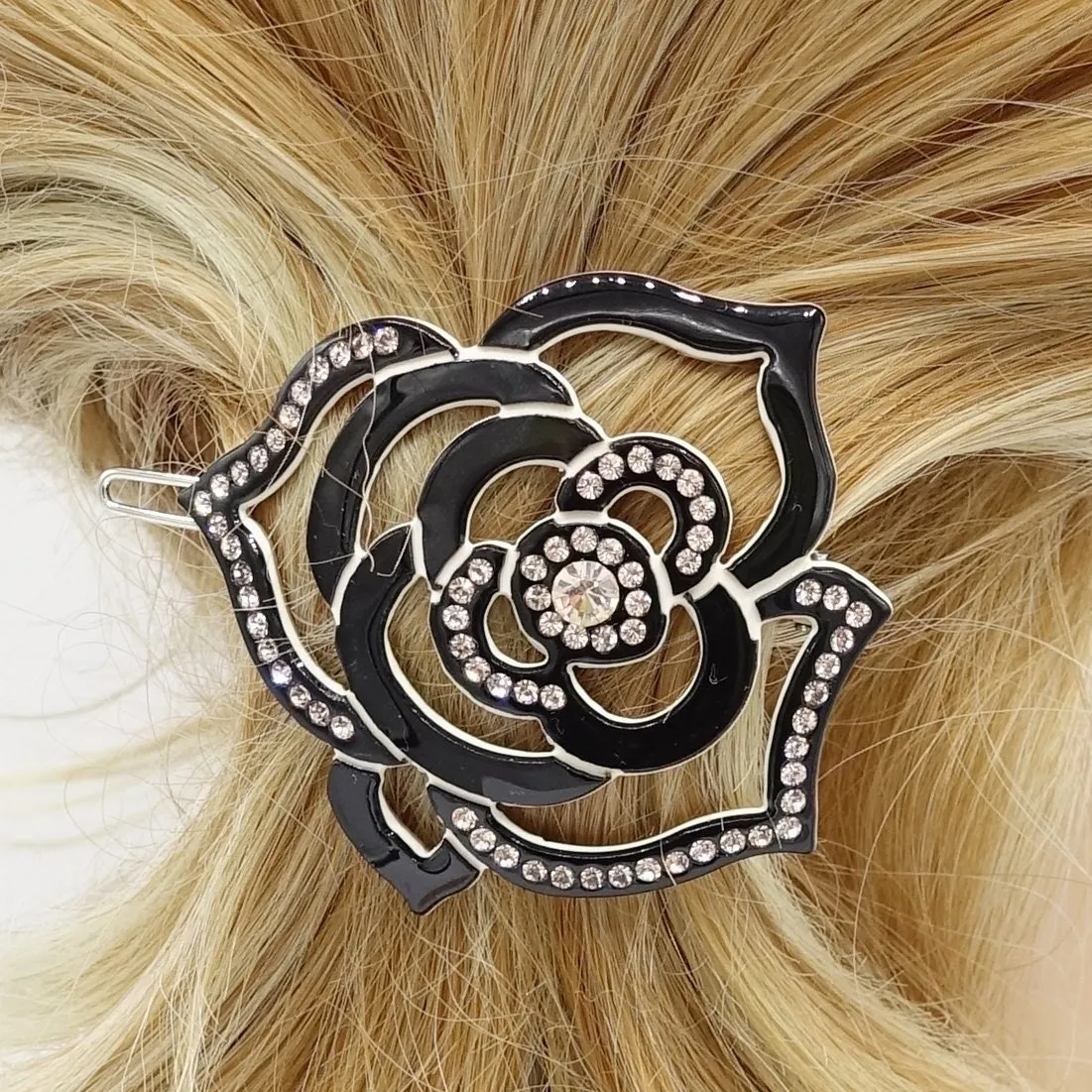 rhinestone embellished camellia flower cellulose hair clip women hair accessory