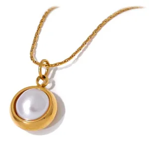 Stainless Steel Natural Freshwater Pearl Round Chic Pendant Necklace for Women Elegant Delicate Stylish Jewelry Gift