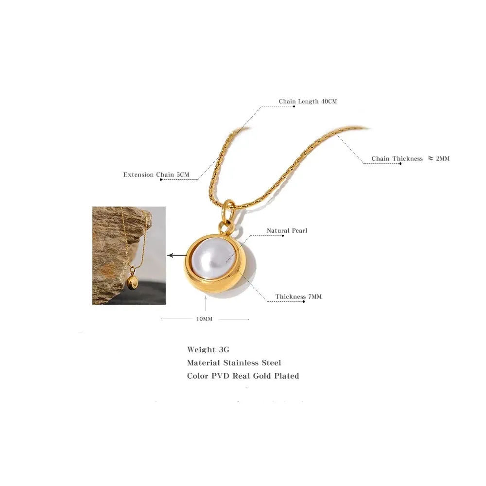 Stainless Steel Natural Freshwater Pearl Round Chic Pendant Necklace for Women Elegant Delicate Stylish Jewelry Gift