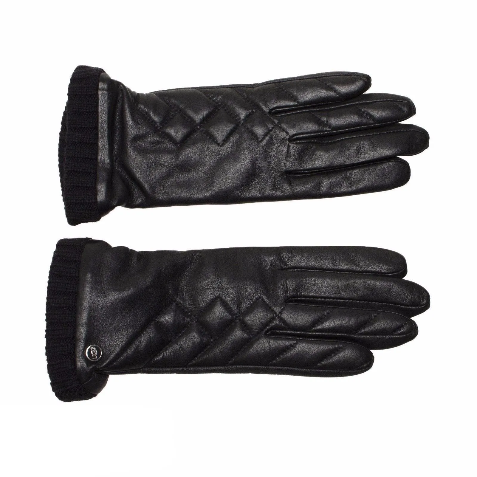 UGG TECH QUILTED BLACK LEATHER GLOVES WITH KNIT CUFF WOMEN’S SIZE S NEW