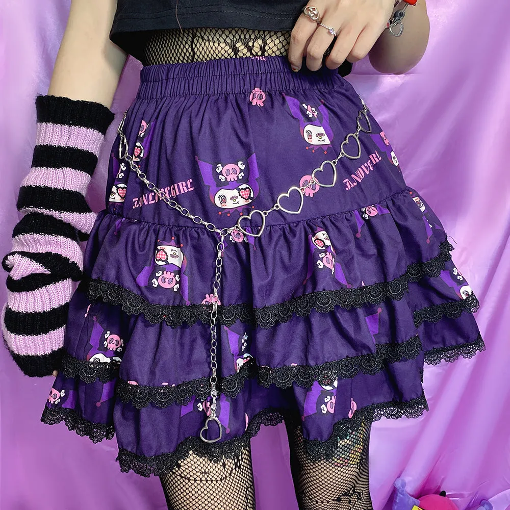 Y2K Harajuku Dark Purple Devil Punk Rock Girl Gathered Elastic Short Mini Skirt